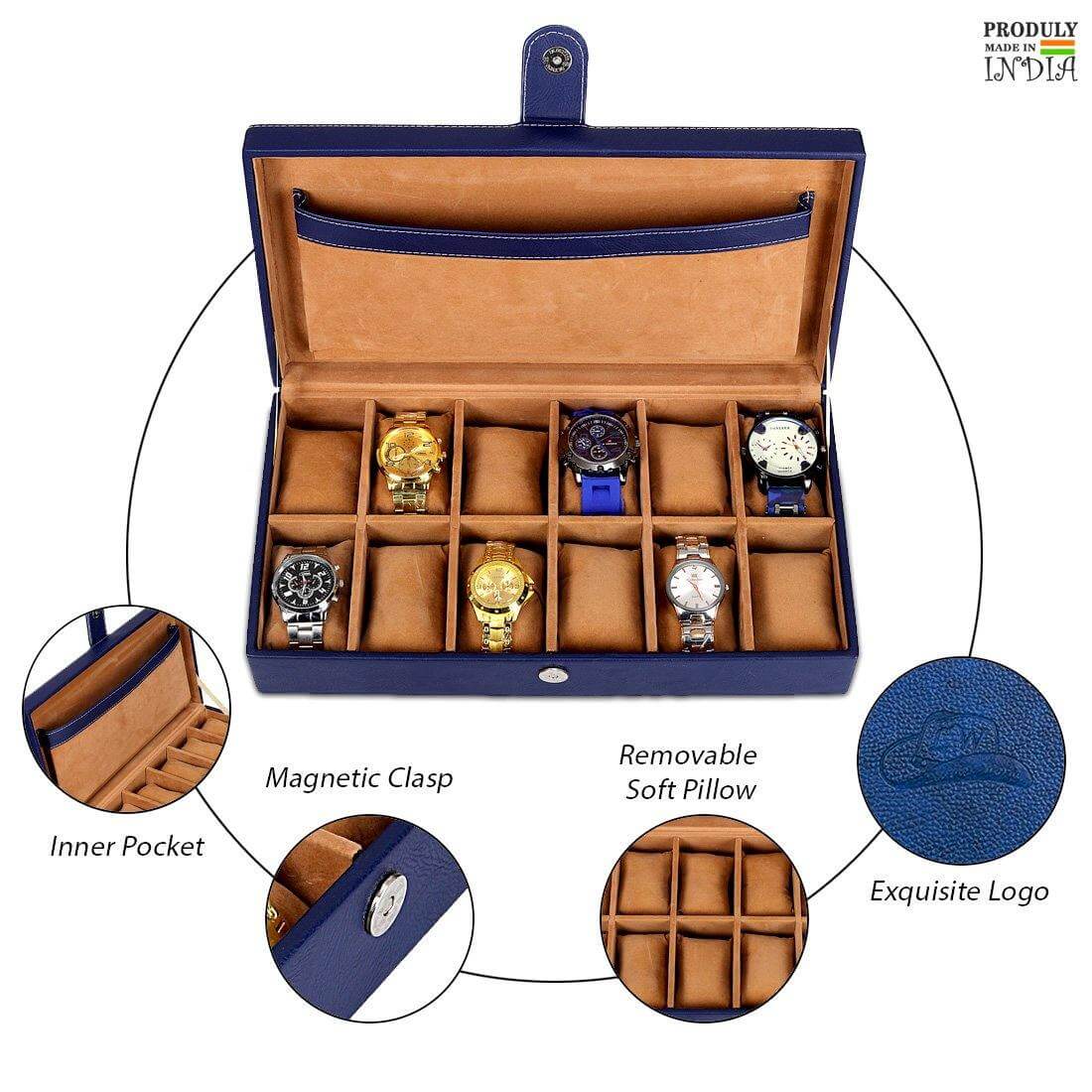 12 Slots Luxury Blue Watch Box Organizer with Plain PU Leather Finish