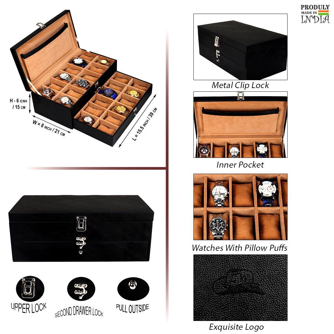 Leather World Unisex Classical 24 Slots Watch Organiser Box