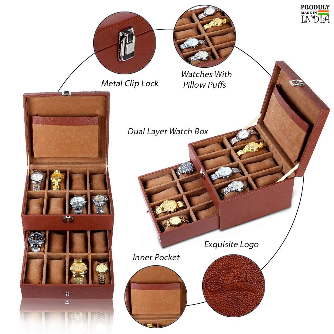 Leather World Unisex Classical 16 Slots Watch Organiser Box