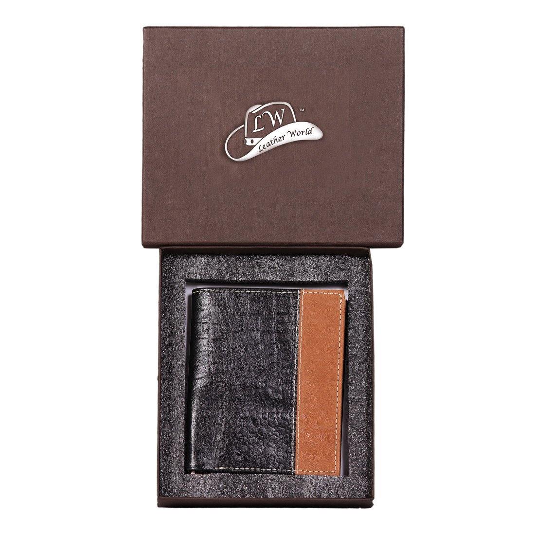 Leather World Trendy Black & Tan Color Genuine Leather Bi Fold Money Clip Wallet For Men - #MC9001 - Leatherworldonline.net