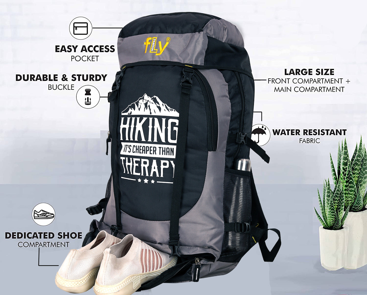 Adventure Backpack Trekking Hiking Travel Rucksack Bag With Shoe Compartments Rucksack - 55 L  (Grey)