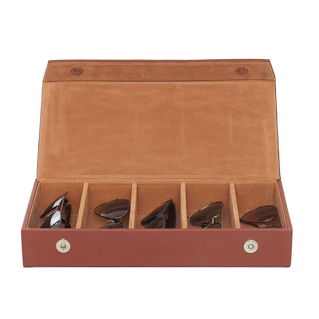 Leather World PU Leather Sunglasses Goggle Case Box Brown color with 5 Compartments #GC5006 - Leatherworldonline.net