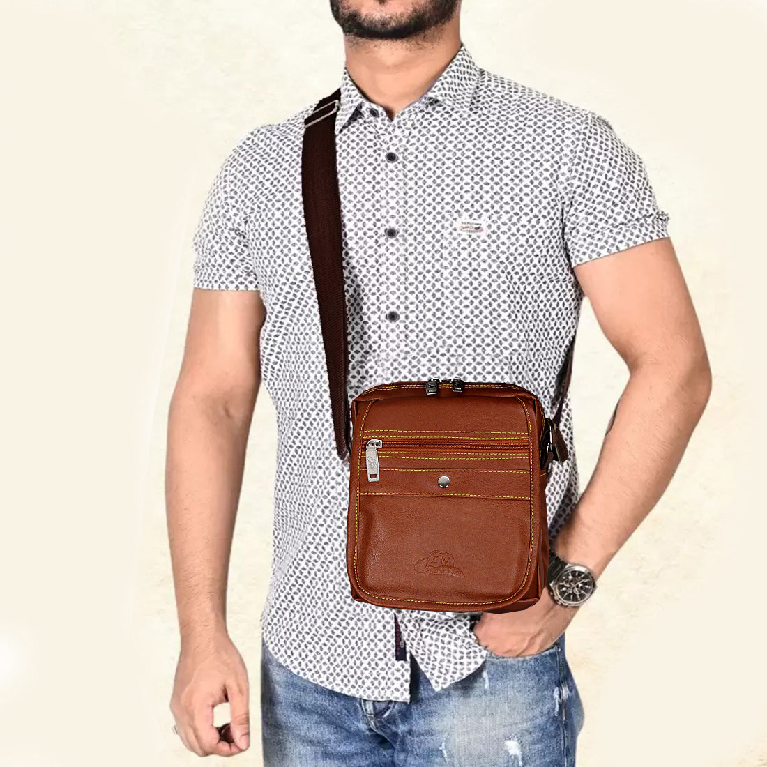 Leather World PU Leather Sling Cross Body Travel Office Business Messenger Bag for Men Women (18x8x23cm) (Tan)